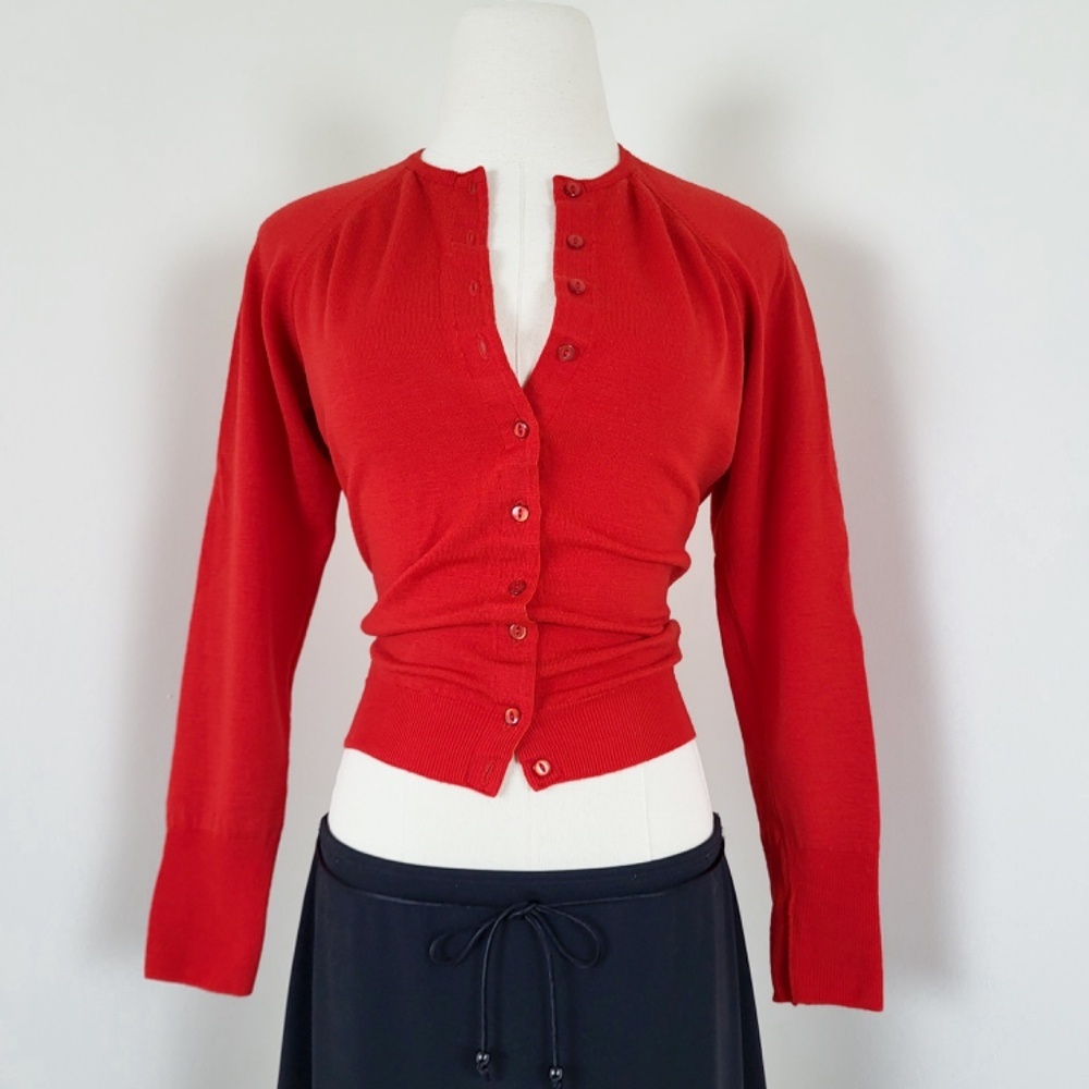 60’s Merino Wool Knit Cardigan Fitted Vintage 3/4 sleeve button down up - Picture 5 of 13